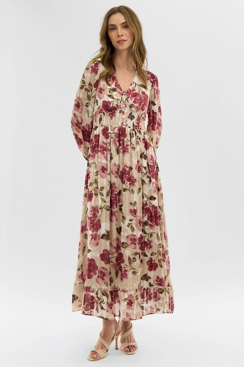 Costa Blanca Floral Long Sleeve Chiffon Maxi Dress