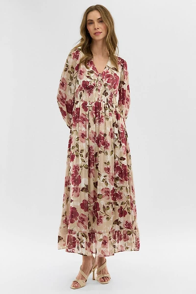 Costa Blanca Floral Long Sleeve Chiffon Maxi Dress