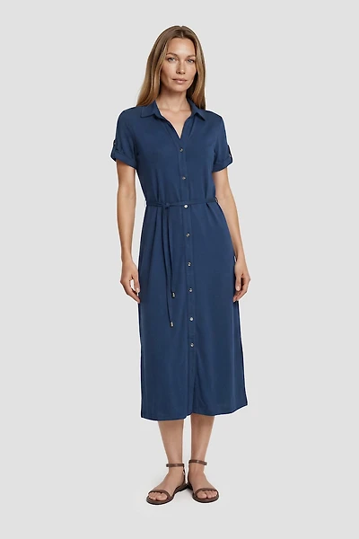 Short Sleeve Button Up Day Dress - Blue