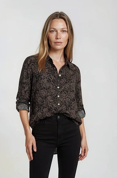 Roll Up Sleeve Printed Blouse - Black
