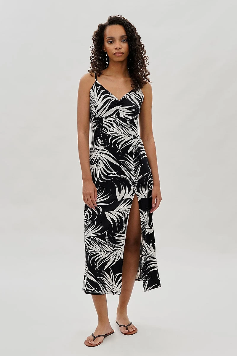 International INC Company Leaf Print Side Slit Maxi Dress - Black
