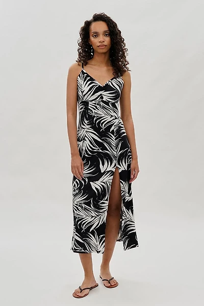 International INC Company Leaf Print Side Slit Maxi Dress - Black