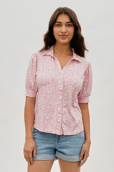 Floral Puffer Sleeve Blouse - Pink