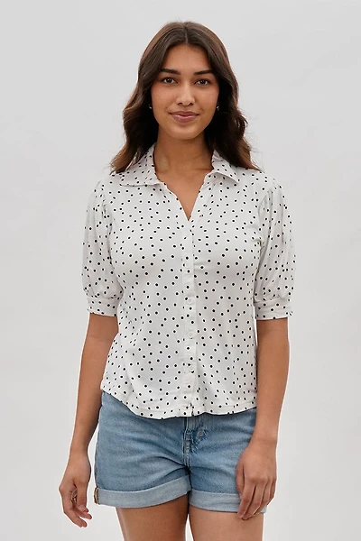 Polka Dot Puffer Sleeve Blouse - White