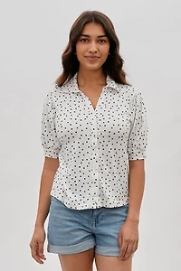 Polka Dot Puffer Sleeve Blouse - White