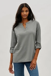 Costa Blanca Split Neck Roll Up Sleeve Blouse