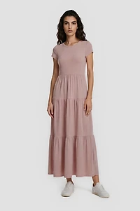 Short Sleeve Tiered Maxi Dress - Pink