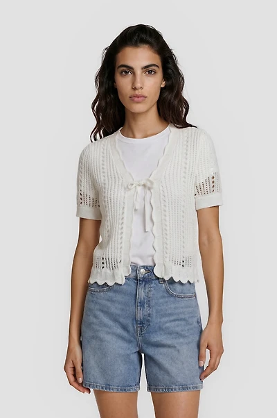 Short Sleeve Front Tie Shrug - White