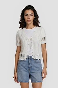 Short Sleeve Front Tie Shrug - White