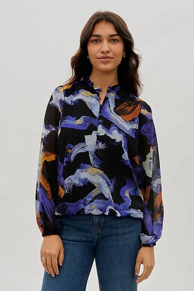 Costa Blanca Marble Print Ruffle Neck Blouse - Black