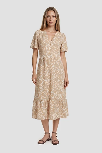 Short Sleeve Tiered Midi Dress - Peach