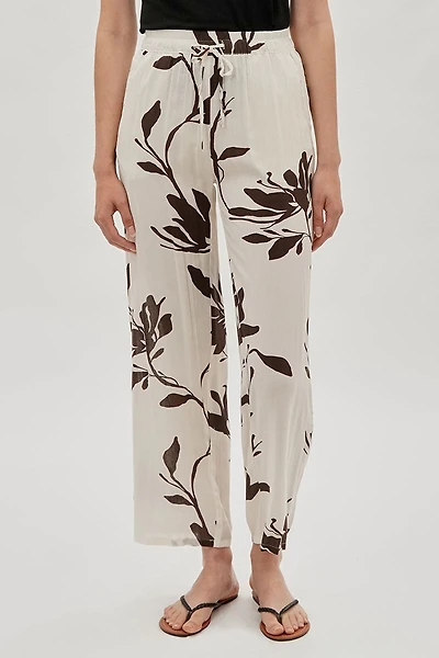 Leaf Print Wide Leg Pants - White