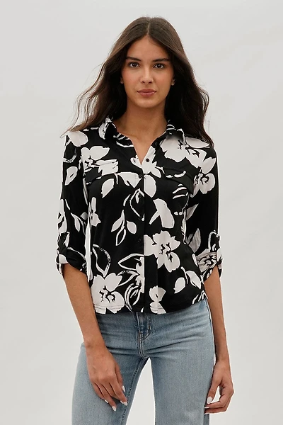 International INC Company Floral Button Up Shirt - Black