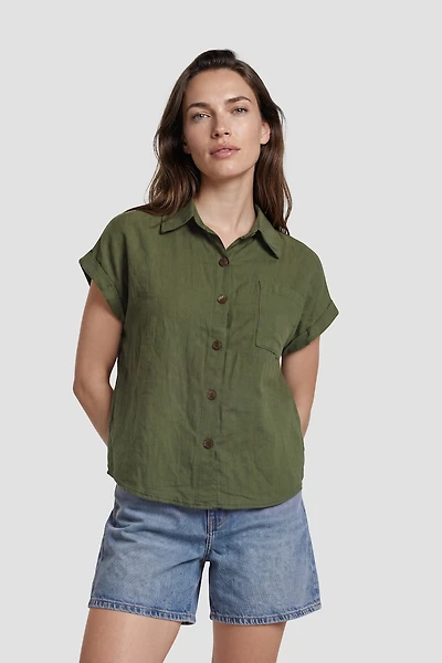 Cap Sleeve Button Up Shirt - Green