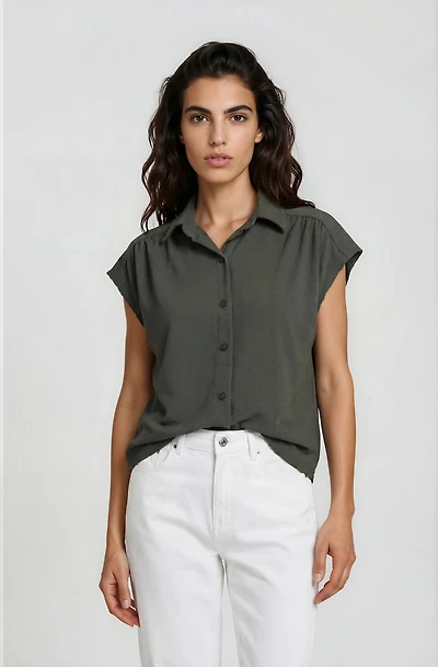 Cap Sleeve Button Down Shirt - Green