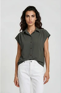 Cap Sleeve Button Down Shirt - Green