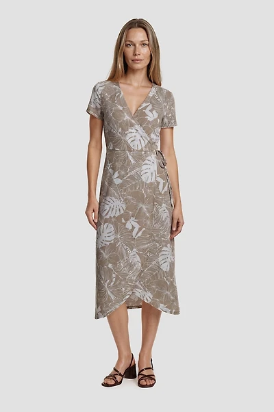 Printed Wrap Midi Dress - Beige