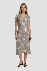 Printed Wrap Midi Dress - Beige