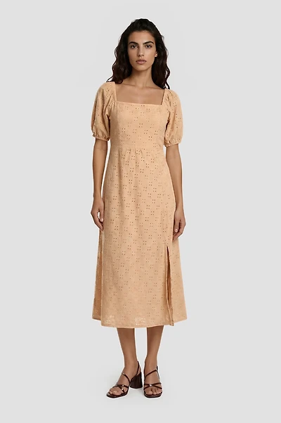 Puff Sleeve Smock Midi Dress - Peach
