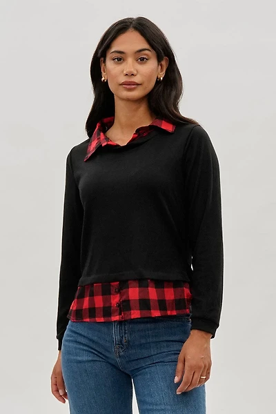 International INC Company Plaid Collared Pullover Sweater - Black