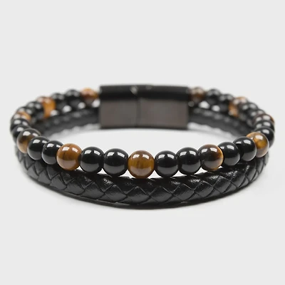 Tiger Eye Leather Bracelet with Black Onyx and Stainless