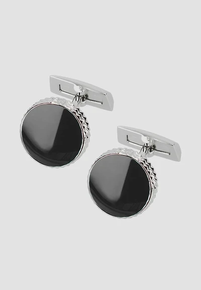 DAVIDOFF PARIS BRASS RHODIUM PLATED BLACK LACQUER PARIS PATTERN ROUND CUFFLINKS
