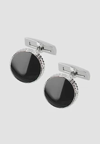 DAVIDOFF PARIS BRASS RHODIUM PLATED BLACK LACQUER PARIS PATTERN ROUND CUFFLINKS