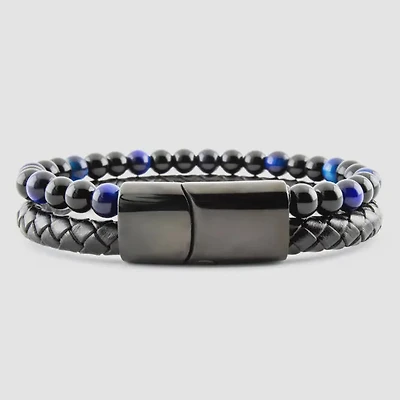 Unisex Leather Bracelet with Blue Tiger Eye & Black Obsidian