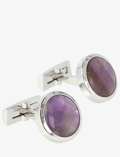 DAVIDOFF PRECIOUS STONE BRASS RHODIUM SILVER ROUND CUFFLINKS, CABOCHON OF AMETHYST