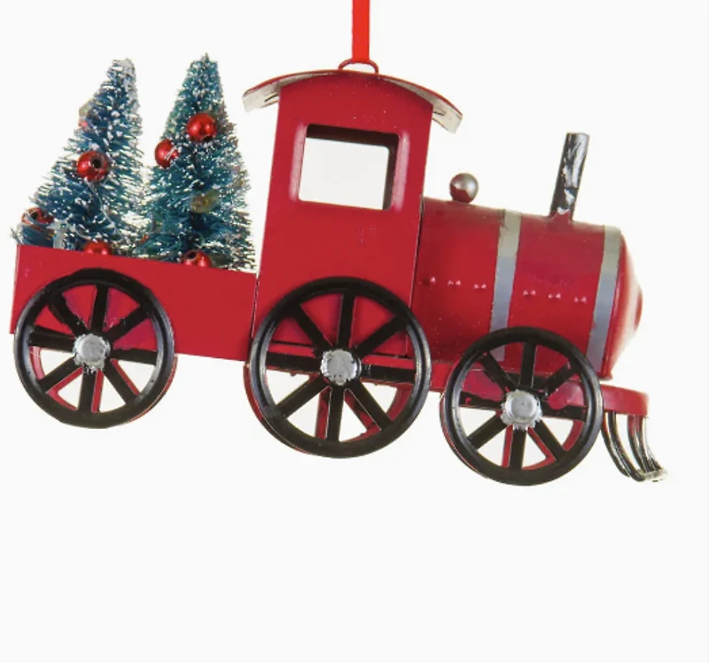 Red Train Ornament with Two Christmas Trees