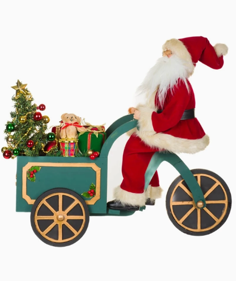 Teal Led Special Delivery Santa Figurine w/ Wooden Cart