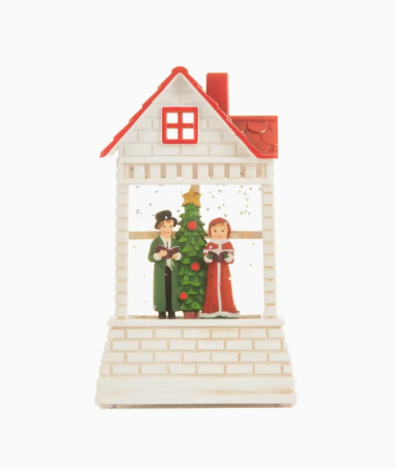 Mini White/Red Led Brick House Snow Globe w/ Santa Painting