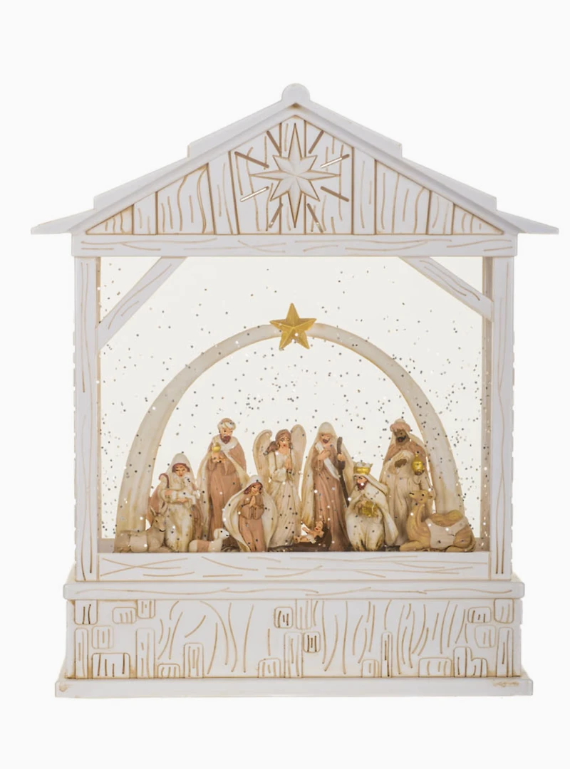 White Led Nativity Snow Globe with Jovial Spectators