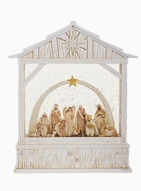White Led Nativity Snow Globe with Jovial Spectators
