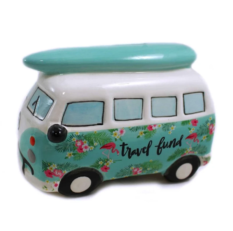 Teal Bus w/ Surfboard Money Bank