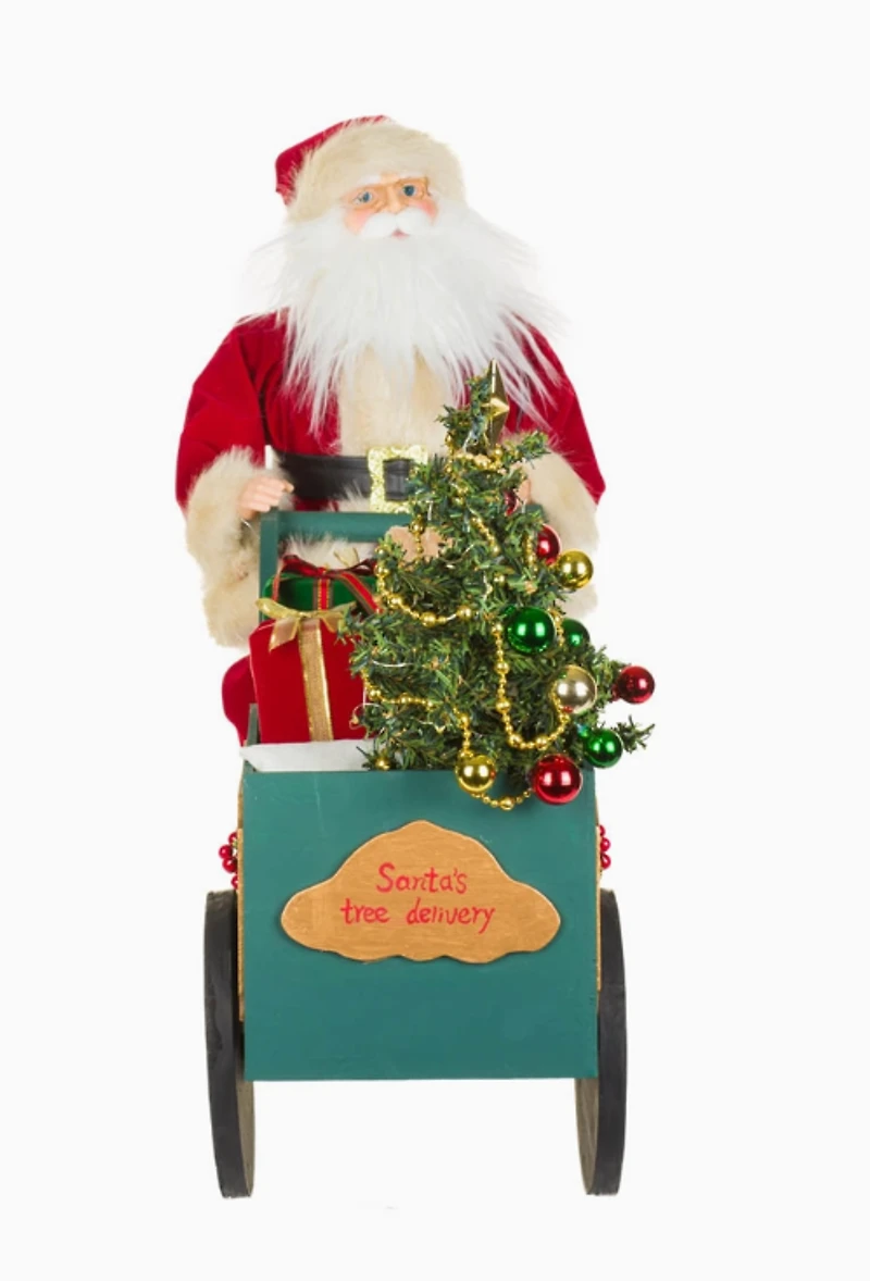 Teal Led Special Delivery Santa Figurine w/ Wooden Cart