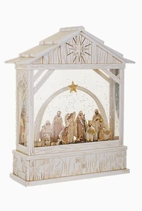 White Led Nativity Snow Globe with Jovial Spectators