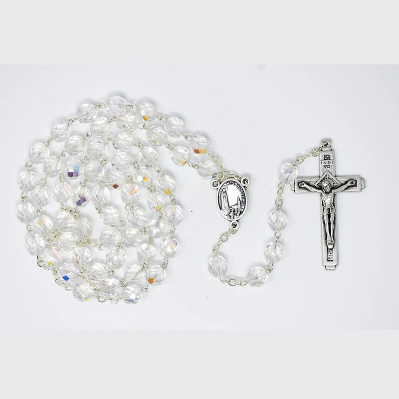 8mm Clear Crystal Bead Fatima Rosary Boxed