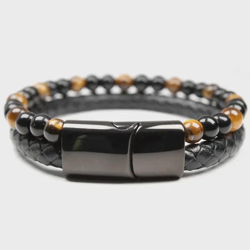 Unisex Gift - Genuine Tiger Eye and Black Onyx Leather