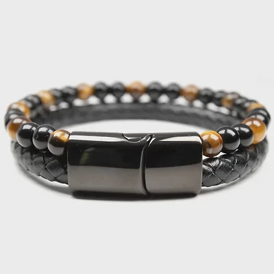 Unisex Gift - Genuine Tiger Eye and Black Onyx Leather