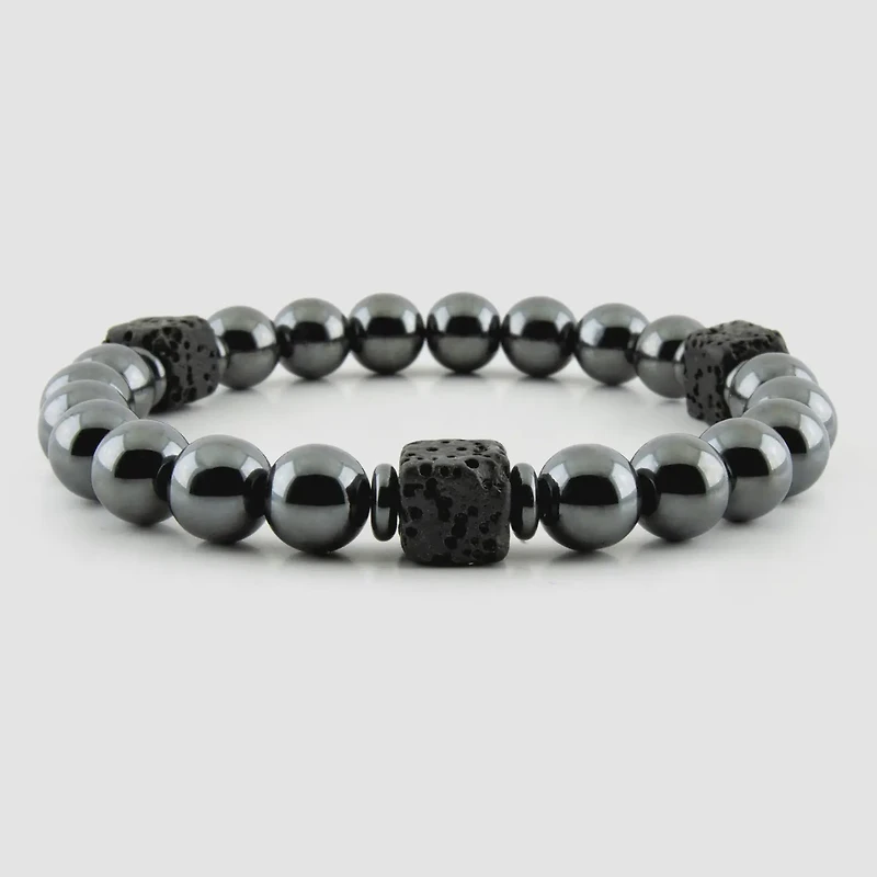 Black Hematite and Lava Stone Unisex Stretch Bracelet