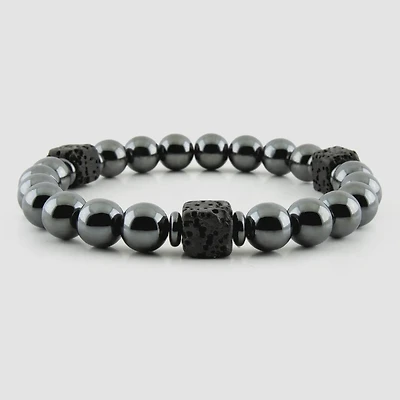 Black Hematite and Lava Stone Unisex Stretch Bracelet