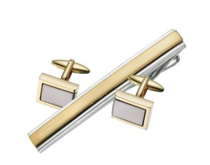 Cuff Link and Tie Bar Set - Brushed Gold & Silver