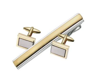 Cuff Link and Tie Bar Set - Brushed Gold & Silver