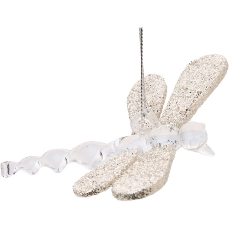 Extruded Clear Glass Dragonfly Ornament With Platinum Glitter Wings 3.75 In