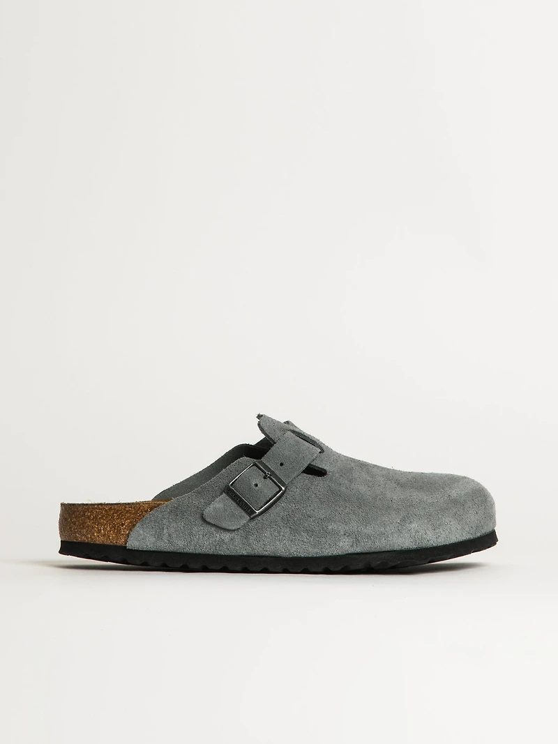 MENS BIRKENSTOCK BOSTON SOFT FOOTBED SUEDE SANDALS - REGULAR BASALT GREY