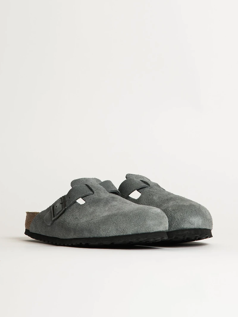 MENS BIRKENSTOCK BOSTON SOFT FOOTBED SUEDE SANDALS - REGULAR BASALT GREY