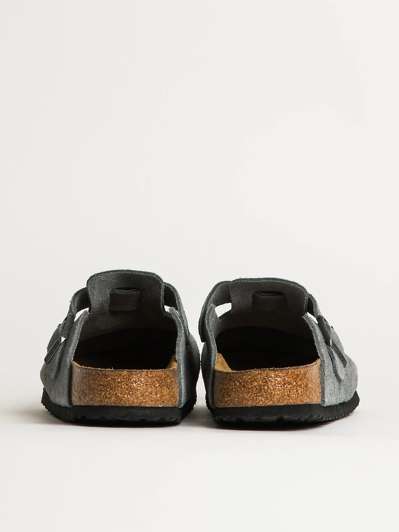 MENS BIRKENSTOCK BOSTON SOFT FOOTBED SUEDE SANDALS - REGULAR BASALT GREY