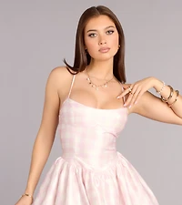 Celine Gingham Lace-Up Bubble Dress