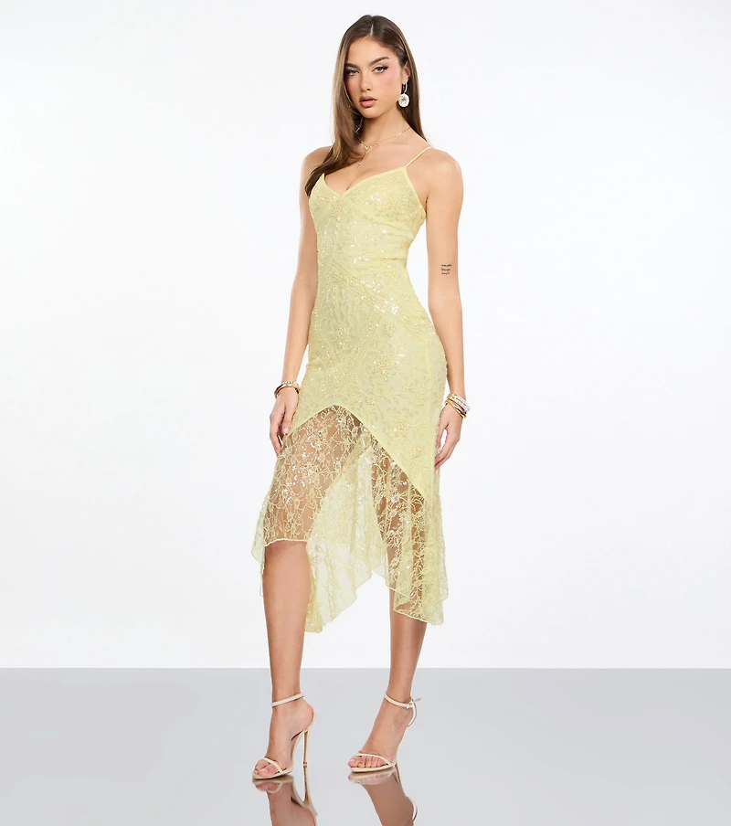 Roxie Beaded Lace Asymmetrical Midi Dress